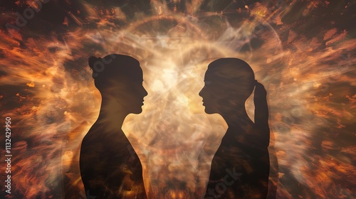 Man and Woman Silhouettes at Abstract Cosmic Background, Loving Couple of Human Souls, Embracing in the Astral Realm, Reflecting Esoteric and Spiritual Life Concept.