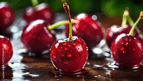 Morello cherries with water drops, macro photography photo