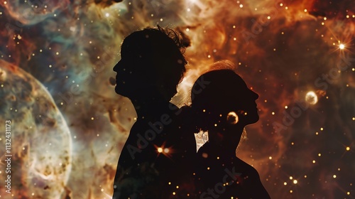 Man and Woman Silhouettes at Abstract Cosmic Background, Loving Couple of Human Souls, Embracing in the Astral Realm, Reflecting Esoteric and Spiritual Life Concept.