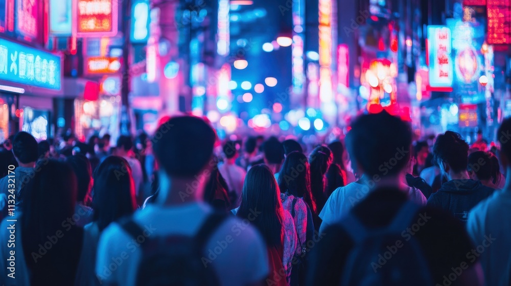 Naklejka premium A vibrant Asian crowd in Japan enjoying an EDM festival with neon lights, celebrating music together