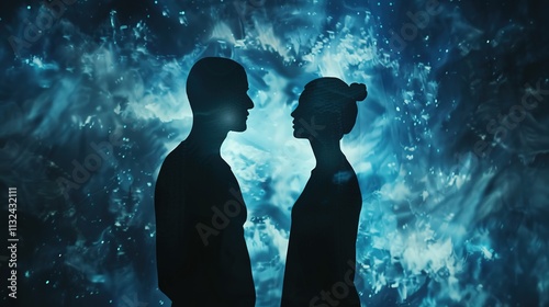 Man and Woman Silhouettes at Abstract Cosmic Background, Loving Couple of Human Souls, Embracing in the Astral Realm, Reflecting Esoteric and Spiritual Life Concept.