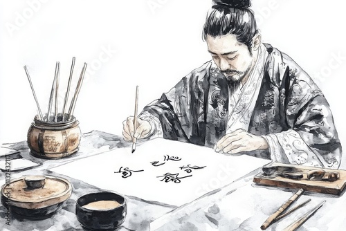 A traditional calligraphy artist painting on rice paper, delicate strokes and handmade tools on display, in timeless ink sketch style