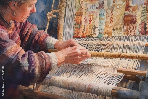 A weaver crafting a wall hanging from natural fibers, the process glowing with warmth and creativity, in rustic watercolor