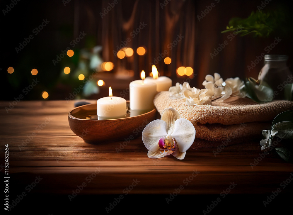 Obraz premium Serene spa setting: Candles, orchid, towel, and smooth stones create a tranquil atmosphere. Warm lighting enhances the relaxing ambiance.