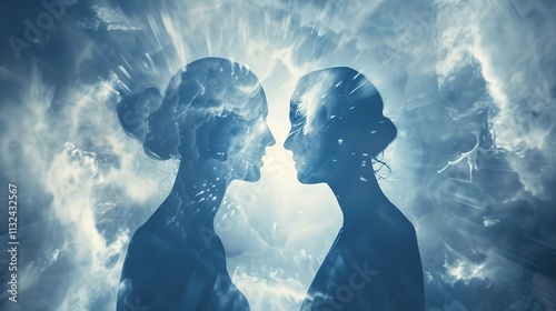 Man and Woman Silhouettes at Abstract Cosmic Background, Loving Couple of Human Souls, Embracing in the Astral Realm, Reflecting Esoteric and Spiritual Life Concept.