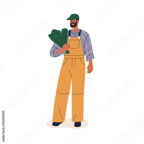 Farmer holding fresh green leaf, kale. Farm worker standing with leafy vegetables bunch. Organic natural eco produce, healthy harvest in hands. Flat vector illustration isolated on white background