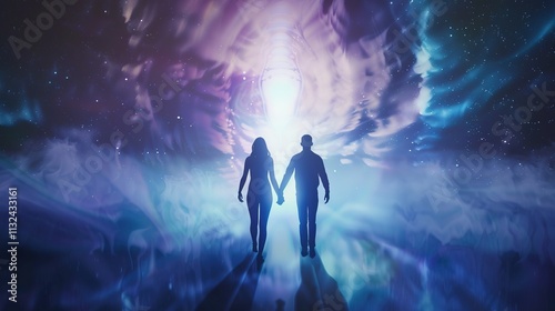 Man and Woman Silhouettes at Abstract Cosmic Background, Loving Couple of Human Souls, Embracing in the Astral Realm, Reflecting Esoteric and Spiritual Life Concept.