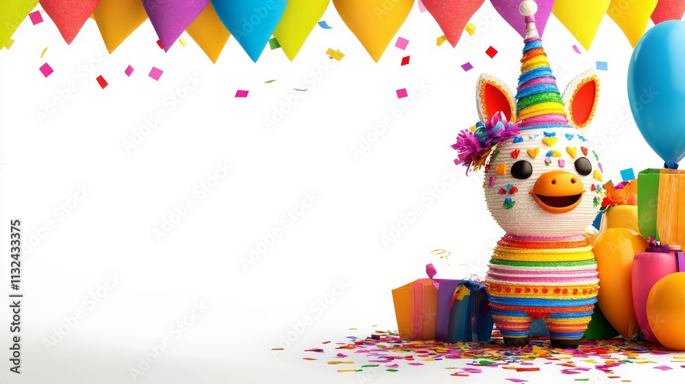 Fototapeta premium Festive Unicorn Pi ata Balloons Gifts Confetti