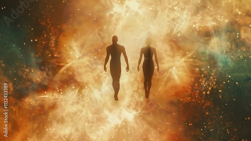 Man and Woman Silhouettes at Abstract Cosmic Background, Loving Couple of Human Souls, Embracing in the Astral Realm, Reflecting Esoteric and Spiritual Life Concept.