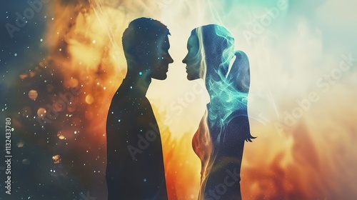 Man and Woman Silhouettes at Abstract Cosmic Background, Loving Couple of Human Souls, Embracing in the Astral Realm, Reflecting Esoteric and Spiritual Life Concept.