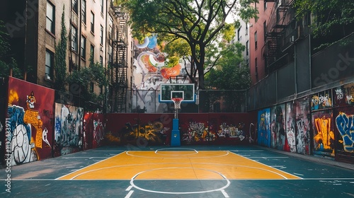 Urban Basketball Court Amidst Graffiti Art