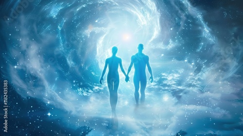 Man and Woman Silhouettes at Abstract Cosmic Background, Loving Couple of Human Souls, Embracing in the Astral Realm, Reflecting Esoteric and Spiritual Life Concept.