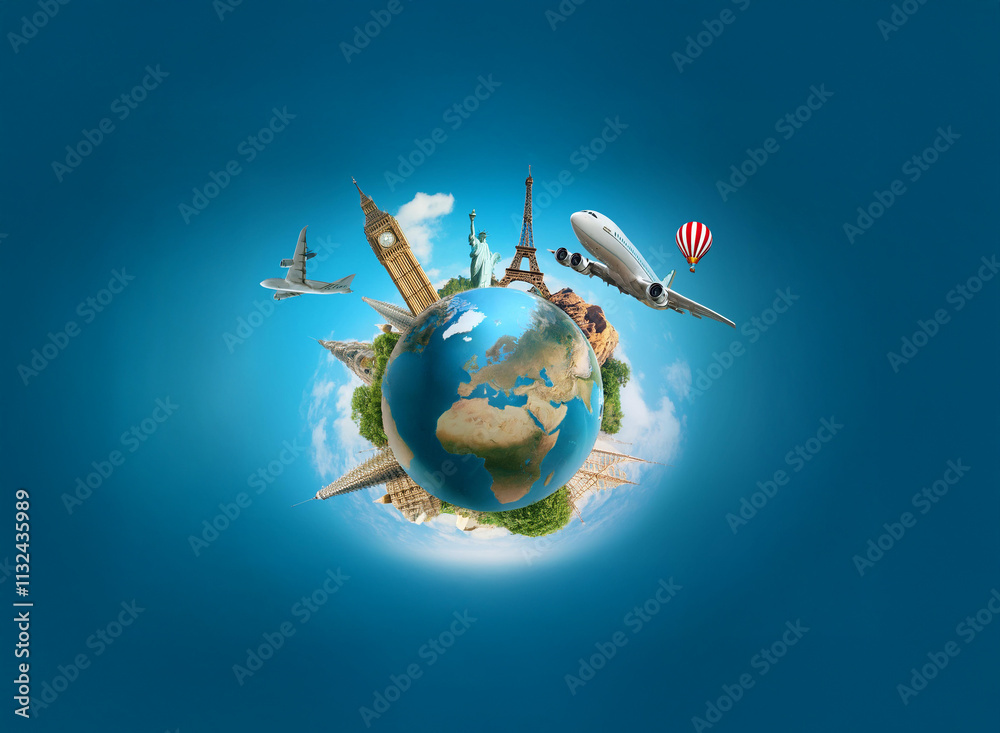 Naklejka premium A miniature Earth adorned with iconic landmarks, surrounded by airplanes and a hot air balloon, symbolizes global travel and adventure.