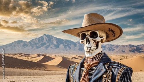 Skeleton Cowboy with Hat in Desert Landscape A Hauntingly Captivating Image of a Western Spirit Riding the Winds of the Arid Plains, Perfect for Halloween or WesternThemed Decor photo