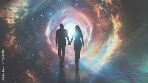Man and Woman Silhouettes at Abstract Cosmic Background, Loving Couple of Human Souls, Embracing in the Astral Realm, Reflecting Esoteric and Spiritual Life Concept.