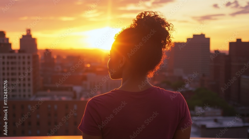 Fototapeta premium Slim African-American woman in a maroon t-shirt, enjoying a city rooftop sunset