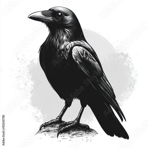 Majestic black crow illustration on white background. photo