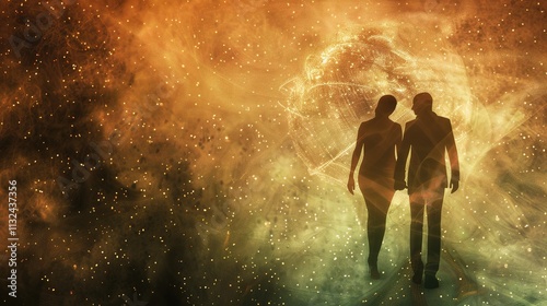 Man and Woman Silhouettes at Abstract Cosmic Background, Loving Couple of Human Souls, Embracing in the Astral Realm, Reflecting Esoteric and Spiritual Life Concept.