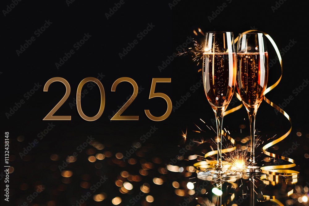 Happy New Year 2025! Two glasses with champagne, ash and serpentine bokeh on a dark background