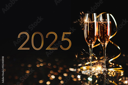 Happy New Year 2025! Two glasses with champagne, ash and serpentine bokeh on a dark background photo