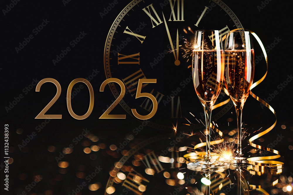 Happy New Year 2025! Two glasses with champagne, ash and serpentine bokeh on a dark background