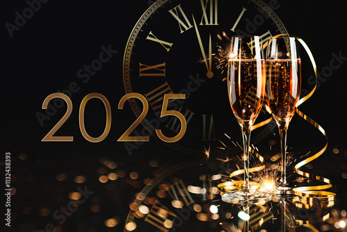 Obraz na płótnie Happy New Year 2025! Two glasses with champagne, ash and serpentine bokeh on a dark background w salonie