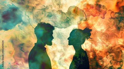 Man and Woman Silhouettes at Abstract Cosmic Background, Loving Couple of Human Souls, Embracing in the Astral Realm, Reflecting Esoteric and Spiritual Life Concept.