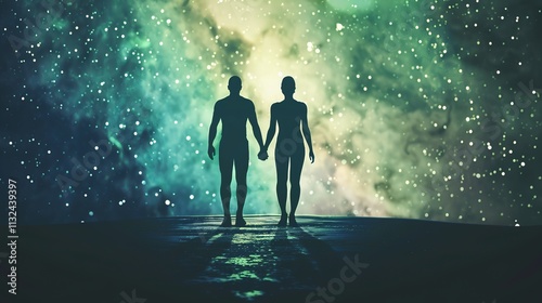 Man and Woman Silhouettes at Abstract Cosmic Background, Loving Couple of Human Souls, Embracing in the Astral Realm, Reflecting Esoteric and Spiritual Life Concept.