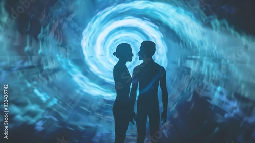 Man and Woman Silhouettes at Abstract Cosmic Background, Loving Couple of Human Souls, Embracing in the Astral Realm, Reflecting Esoteric and Spiritual Life Concept.