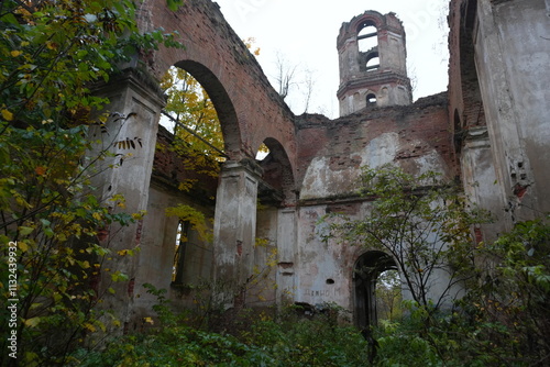 Terebushka village, Leningrad region, Russia - 10.13.2024 Ruins of the Church of the Assumption of the Blessed Virgin Mary