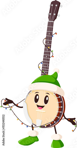 Cute cartoon banjo wearing festive Santa hat celebrating Christmas with holiday lights. Isolated vector cheerful musical string instrument bringing music, joy and happiness during winter festivities