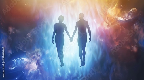 Man and Woman Silhouettes at Abstract Cosmic Background, Loving Couple of Human Souls, Embracing in the Astral Realm, Reflecting Esoteric and Spiritual Life Concept.