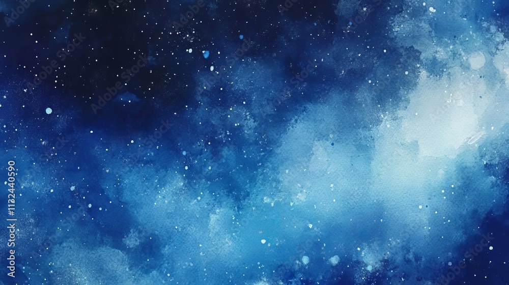 Fototapeta premium Vibrant blue watercolor space background illustration painting featuring nebulas, stars, and abstract cosmic design