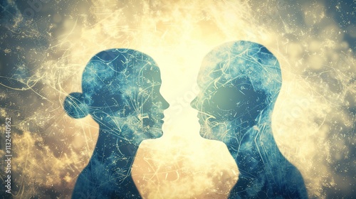 Man and Woman Silhouettes at Abstract Cosmic Background, Loving Couple of Human Souls, Embracing in the Astral Realm, Reflecting Esoteric and Spiritual Life Concept.