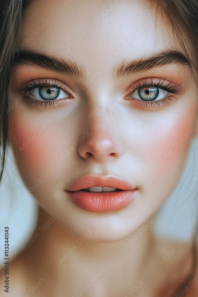 Fototapeta premium Detailed close-up portrait highlighting the natural beauty and symmetry of a young woman's face with soft makeup.