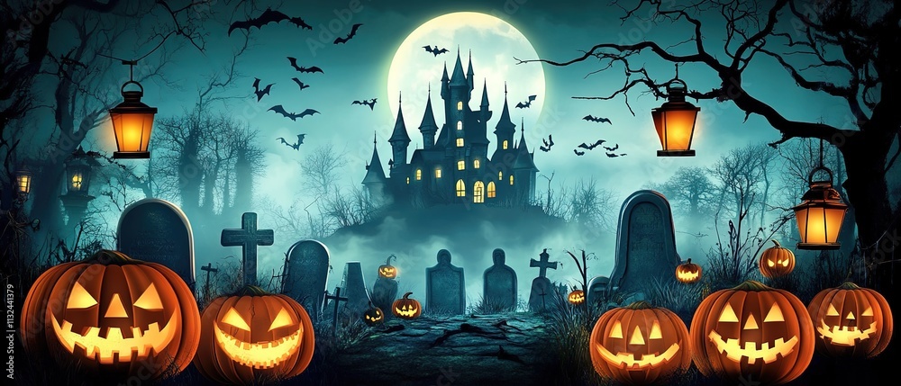 Fototapeta premium Halloween background with pumpkins, a spooky castle, and lanterns.
