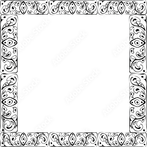 Mexican Arabic Mediterranean Moroccan mosaic motif, azulejo wall floor glazed tile ornament. Isolated border square frame. Hand drawn ink vector illustration. Design brochure, home decor architecture
