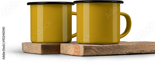 Mockup two yellow enamel mug on block old board, png
