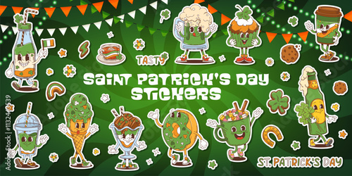 Groovy Saint Patrick Day holiday characters sticker pack. Cartoon vector funky drinks and treats celebrating amid vibrant green shamrocks, rainbows and clovers. St. Patricks Day celebrations patches