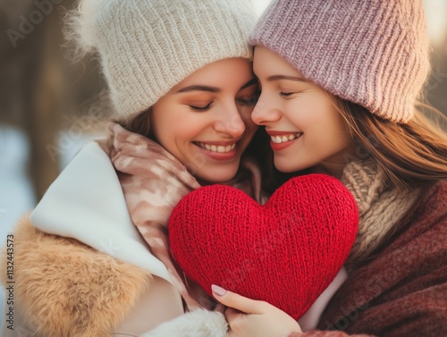 a beautiful couple of two women holding a red heart cuddling, celebrating valentines day, wearing scarfs and coats, outdoors, female couple photo