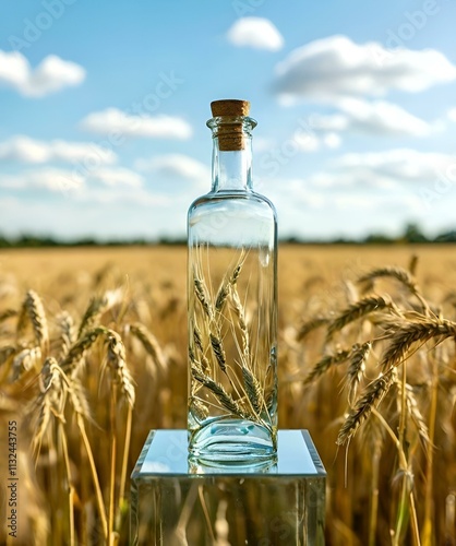 Transparent water bottle with wheat ears in the field photo