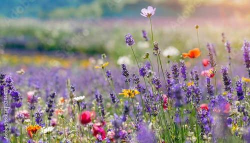 Sommerzauber Eine atemberaubende Lavendelwiese mit einer Flle von wilden Wildblumen, die in der warmen Sommersonne blhen und eine friedliche, farbenfrohe Landschaft schaffen. photo