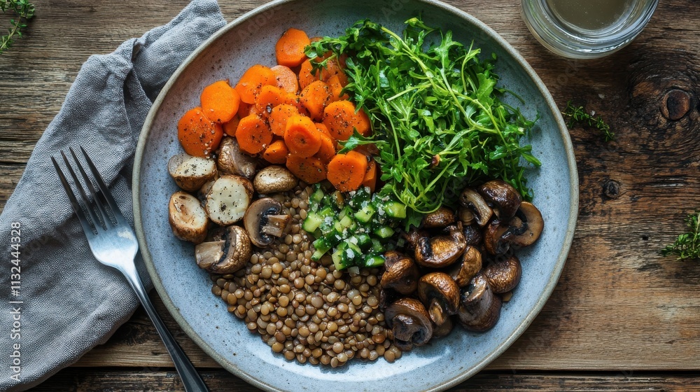 Fototapeta premium Vegan Nordic meal: roasted mushrooms, lentils, and pickled vegetables plated beautifully