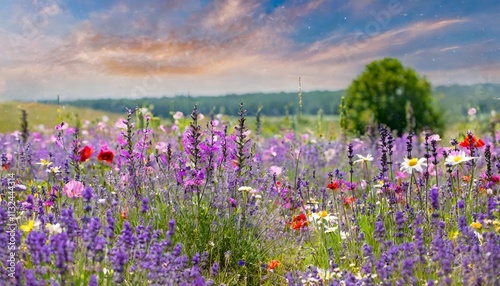 Sommerzauber Eine blhende Lavendelwiese mit wilden Wildblumen, die die Schnheit der Natur in voller Blte zeigt und ein harmonisches Zusammenspiel von Farben und Dften bietet. photo