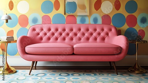 A pastel pink loveseat sofa with tapered wooden legs, paired with retro brass-accented side tables, styled before a circle-patterned wall in lively primary colors, photo