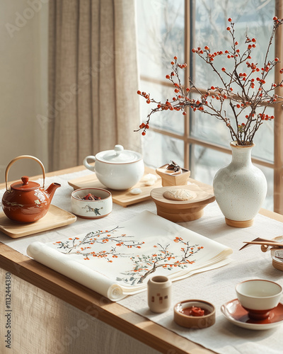 Close-up of a hand creating Chinese calligraphy on a rice paper scroll, surrounded by traditional tools like an inkstone and seal stamps, evoking a sense of cultural artistry. photo