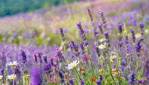 Sommerzauber Eine blhende Lavendelwiese mit wilden Wildblumen, die die Schnheit der Natur verkrpern und den Betrachter in eine farbenfrohe, duftende Welt entfhren. Perfekt fr Naturliebhaber photo