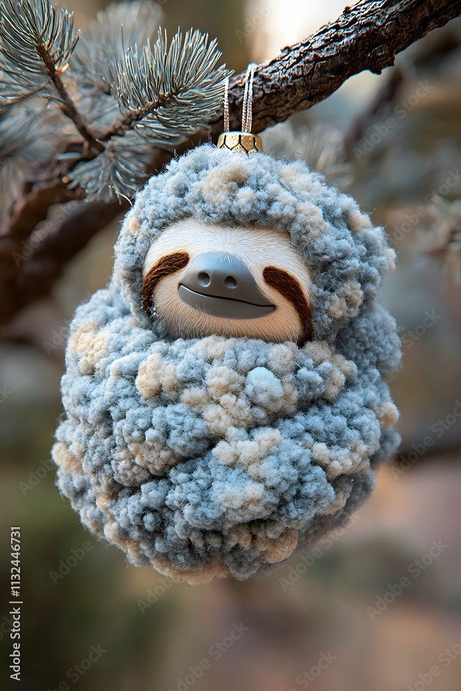 Fototapeta premium Cute sloth Christmas ornament hanging on a tree branch.