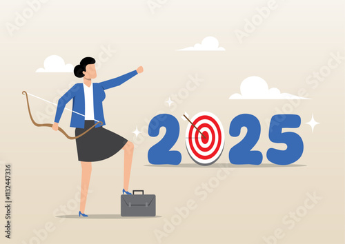 businesswoman hitting year 2025 bullseye target goal