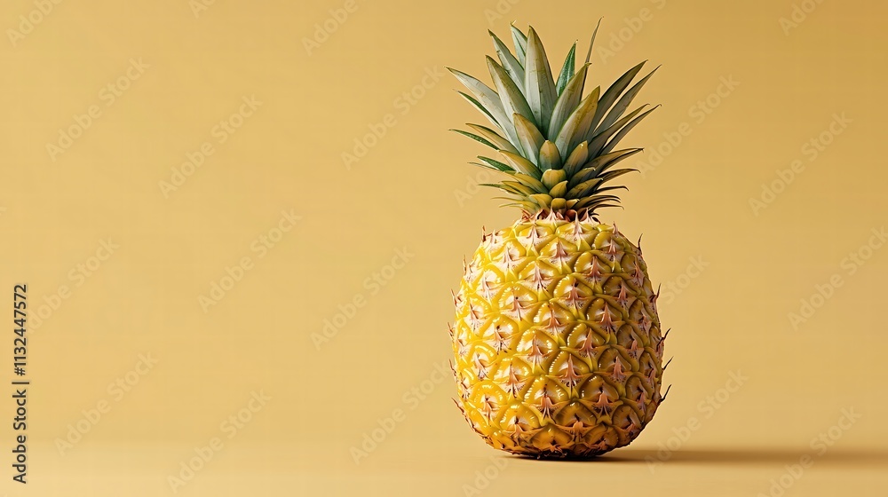An artistic portrayal of a freshly harvested pineapple, focusing on the sharp details of its spiky leaves and dimpled surface. The bright colors contrast beautifully with a muted solid color An artistic portrayal of a freshly harvested pineapple, focusing on the sharp details of its spiky leaves and dimpled surface. The bright colors contrast beautifully with a muted solid color